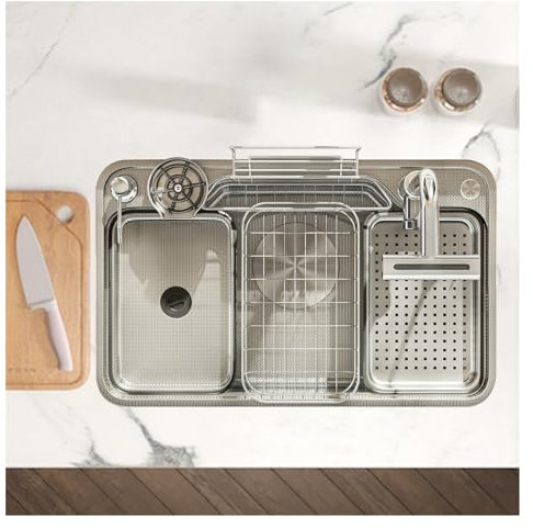 Fregadero Multifuncional Fregadero cocina 1 seno Fregadero bajo encimera Fregadero de acero inoxidable Con Grifo,Lavadora de copa,Control de Taiwán,Modernos fregadero (Color : Silver, Size : 82x48cm