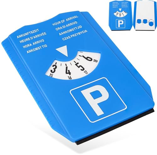 Parkscheibe mit Eiskratzer, 1 Stück, in Blau, acht Sprachen, Parkuhr Set mit Reifenprofilmesser und Einkaufswagenchip, für Auto, LKW, Wohnmobil, Parking Disc Blue, Parkkarte, Park Scheibe Ankunftszeit