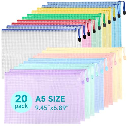Mutsitaz 20 Pack A5 Plastic Wallets File Bags, A5 Document Wallets with Zipper, Document Folder, Zip Lock Bags, Document Zipper Bags, Zipper Plastic Folder for School, Travel, Home, Office