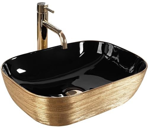 Rea Aufsatzwaschbecken BELINDA BRUSH GOLD/BLACK Waschtisch Handwaschbecken Waschschale Waschbecken für Badezimmer aus hochwertiger Keramik 33 x 46,5 x 13,5 cm (schwarz/Gold)