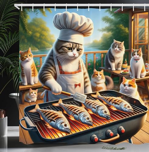 ABAKUHAUS Chat Rideau de Douche, Drôle De Chef Chat Thématisé Barbecue Grillant du Poisson pour des Amis Scène, Material Resistente al Agua Durable Estampa Digital, 175 cm x 200 cm, Vert Orange