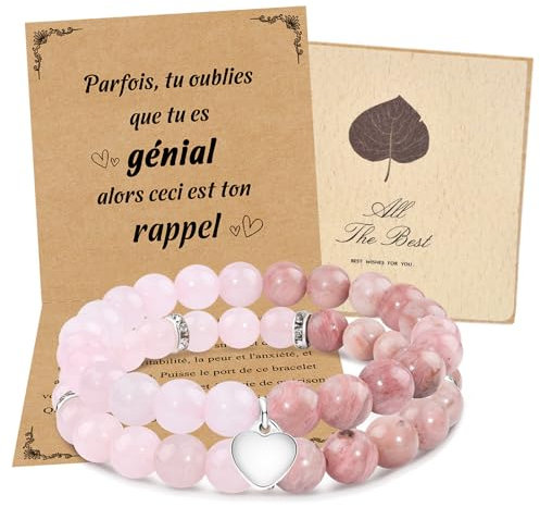 CheersLife 2Pcs Bracelet Femme Cadeau Femme Bracelet Pierre Naturelle Bijoux Femme Idee Cadeau Anniversaire Noel Rose Bracelets de Perle Original Cadeau pour Maman Fille Soeur Amie Ado Couple Mamie