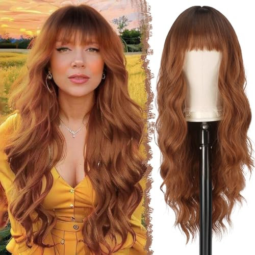 FESHFEN Lange Auburn Perücke mit Pony für Frauen Natürliche Synthetik Gewellt Lockig Wellig Haare Hitzebeständig Damen Perücken für Tägliche Party Cosplay Karneval, 65 CM
