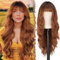 FESHFEN Lange Auburn Perücke mit Pony für Frauen Natürliche Synthetik Gewellt Lockig Wellig Haare Hitzebeständig Damen Perücken für Tägliche Party Cosplay Karneval, 65 CM