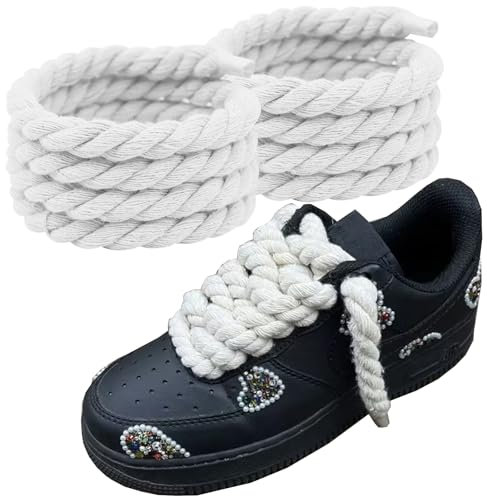 2 Pièces Lacets Chaussures Fait Main Corde Premium Gros Ronds éPais en Coton Gros Lacets Corde Chunky Torsadé Lacets de Chaussures Fabriqué Avec Coton Premium pour Sneakers Baskets(Blanc)