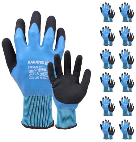 Baratec 12 Pairs of Waterproof Latex Safety Gloves - Perfect Waterproof Work Gloves Medium for Men & Women, Ideal for Gardening and Work Safety - Ensuring Maximum Protection - Size 8