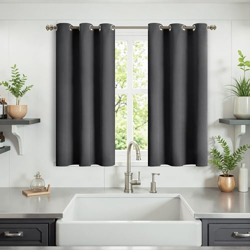 YoungsTex Dark Grey Blackout Curtains 40 Inch Length for Kitchen Bathroom Window - Thermal Insulated with Grommet Blackout Half Window Drapes for Bedroom, 2 Panels, 34 x 40 Inch