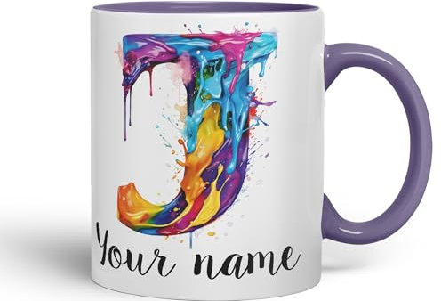 Vixar Personalised Letter J Mug, Alphabet cusomized Custom Letter J Monogram Watercolour Ceramic Coloured Mug Cup for Tea Coffee Hot Brew 330ml 11Oz Gift (Purple)