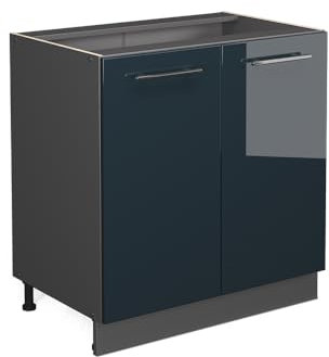 Vicco Spülenunterschrank Fame-Line, Dunkelblau Hochglanz, 80 cm mit Regal, AP Eiche