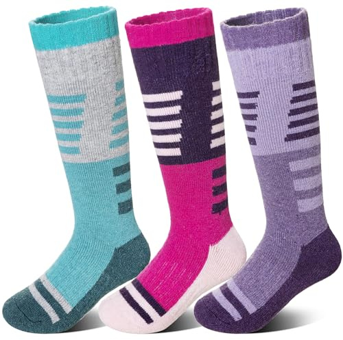 Velice Kids Merino Wool Ski Socks 3 Pairs Boys Girls Thermal Thick Warm Winter Cozy Boot Socks for Skiing Snowboarding(Purple/Green/Rose Red, 8-12 Years)