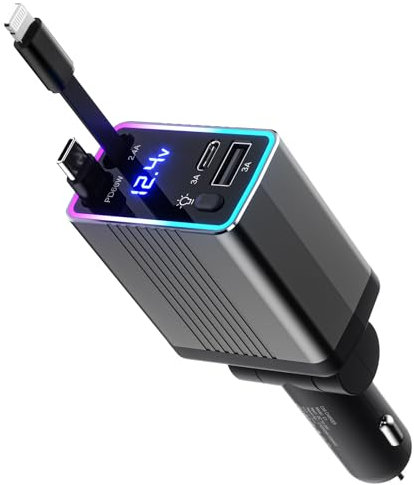 massway 4 in 1 Zigarettenanzünder USB C Auto Ladegerät, 120W Kfz-Schnellladegerät Integriertes Einziehbares Kabel KFZ-Ladegerät Auto zubehör für iPhone 17/16 Pro Max Air/Samsung (Grau)