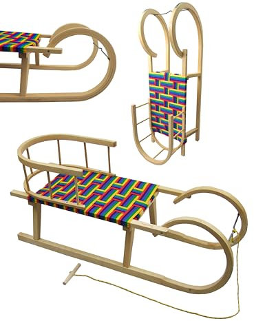 Trineo para cuernos [trineo de madera] con respaldo, cuerda de tracción, herrajes de acero suave, 100 cm, madera de haya, con asiento de cinturón, fibras sintéticas con respaldo, 2 personas,