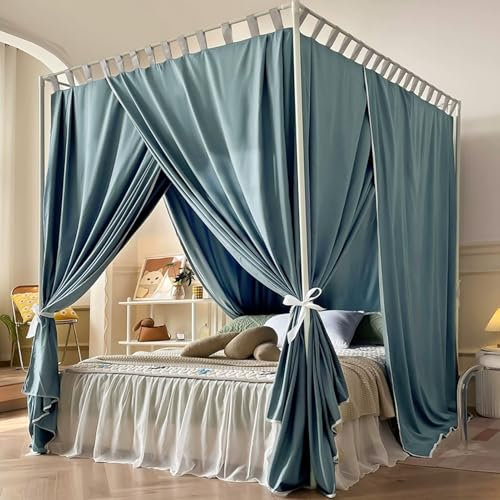 Bed Tent Himmelbettvorhänge mit Baldachin-Rahmenstangen, Betthimmel in Voller/ Queen-Size für Erwachsene, Mädchen und Jungen, Winddichte, Lichtdichte Bettvorhänge mit Bändern, Schlafzimmerdekor(Blue,2