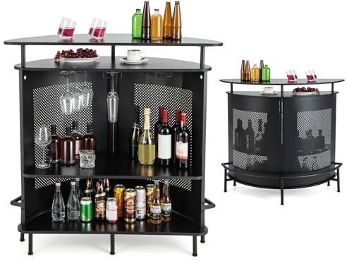 KOMFOTTEU Table de Bar avec 1 Étagère surélevée et 3 Porte-gobelets, Table à Vin à 4 Niveaux, Table pour Boire Cuisine, Repose-Pieds, Style Industrielle, Noir, 110,5 x 48 x 112,5 cm (Semi-Circulaire)