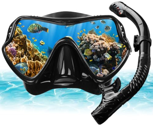 AOOSA Set da Snorkeling con Boccaglio e Occhiali da Immersione， Unisex Adult Anti-Fog Diving Mask, Diving Mask with Large Lenses, per Snorkeling, Diving, Apnea, Nuoto, Unisex, Nero