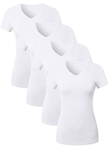4 Pack Cotton Tee V Neck T Shirts for Women Short Sleeve Tshirt Basic Tees Ladies Plain Vneck Tshirts Casual Womens Tops Undershirt Camisetas para Mujer De Algodon - White - Small