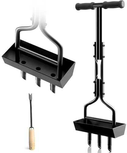 NEWFUN Aerifizierer für Rasen, Rasenlüfter, Metallrahmen mit Reinigungswerkzeug und Auffangbehälter mit schwarzem Griff für die Rasenpflege bei verdichtetem Boden