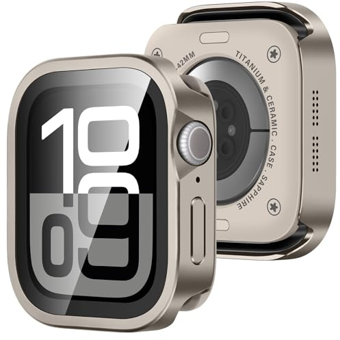 Amizee Metallo Cover Compatibile con Apple Watch Serie 11/10 42mm con Vetro Temperato, Bordo Dritto Ultra Sottile con Coperchio Protezione Completa Custodia Protettiva per iWatch 42mm, Titanio