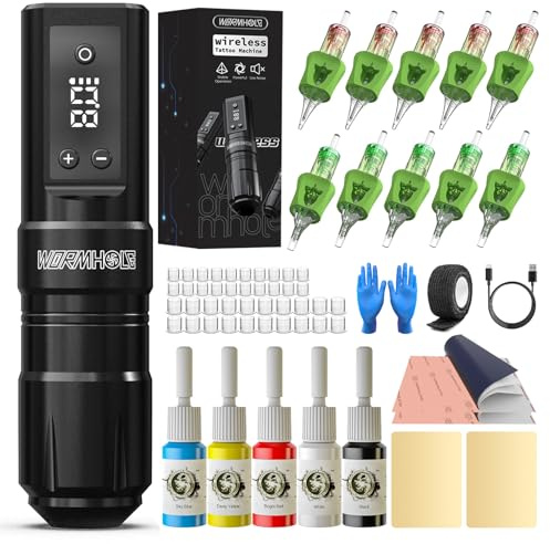 Wormhole Tattoo 60-teiliges Aluminium-Tattoo-Pistole, kabelloses Tattoo-Set mit 1300-mAh-Akku, komplettes Tattoo-Maschinen-Set für Anfänger, Künstler, Schwarz WTK328