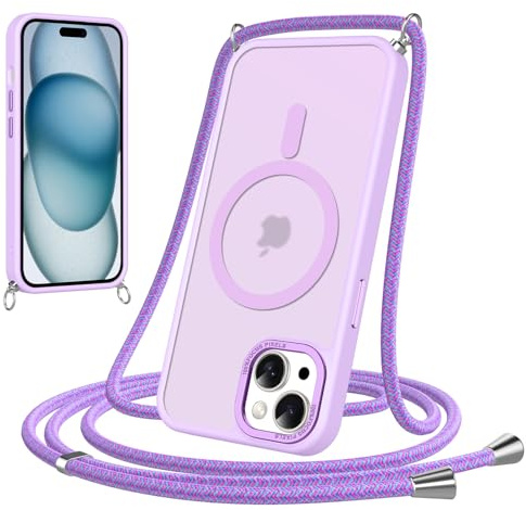 Coalbooliy Cover Magnetica per iPhone 15 con Cordino,Compatibile con Mag-Safe, Custodia Traslucida Opaca Posteriore Sottile Antiurto con Laccio Collo Tracolla Corda Cinghia Case,Viola