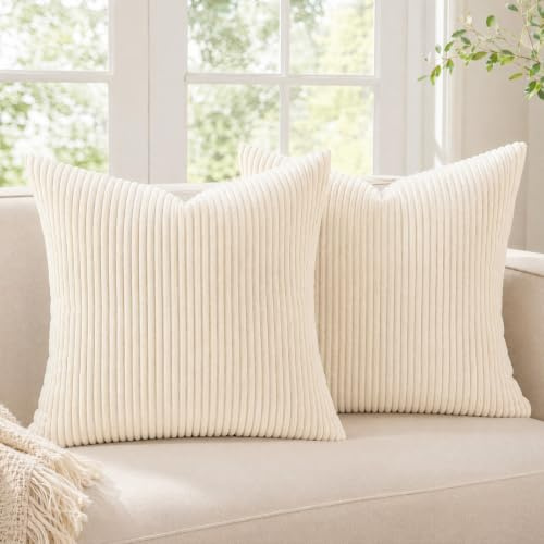 HOSHEN HOME Kissenbezug 40x40cm Kordsamt Gestreift Kissenbezüge Beige | 2er Set Dekokissen Sofakissen Couchkissen Zierkissenbezug Wohnzimmer Kissenhülle für Sofa Wohnzimmer Schlafzimmer Balkon Büro