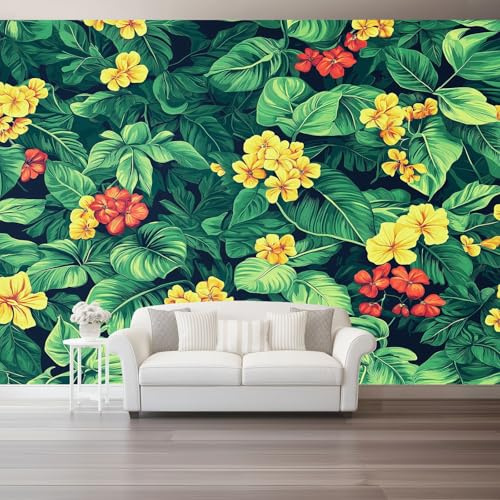 Vlies-Fototapete 200 x 140 cm, Natürliche Blumen Dschungel Bildtapete für Arbeitszimmer und Akzentwand, Grün