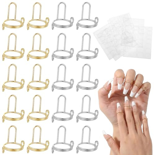 Grevosea 20 Pcs Nail Rings, Gold & Silver Adjustable Detachable Nail Ring | No Glue Fingernail Rings with Adhesive Nail Tabs for Women Acrylic Nail Art Decoration Charms Accessories