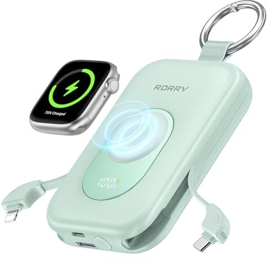 RORRY Powerbank, Power Bank 20000 mAh, 30 W PD, ricarica rapida, caricatore portatile con 2 cavi integrati, batteria esterna per cellulare con portachiavi, essenziale da viaggio per iPhone, Apple