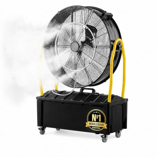 Ventilador Industrial Nebulizador de Pie con Depósito de Agua 25L, Motor 300W, 3 Aspas, 3 Velocidades, Diámetro 65 cm, Flujo 9870 m³/h, Cabezal Orientable, Ruedas Multidireccionales