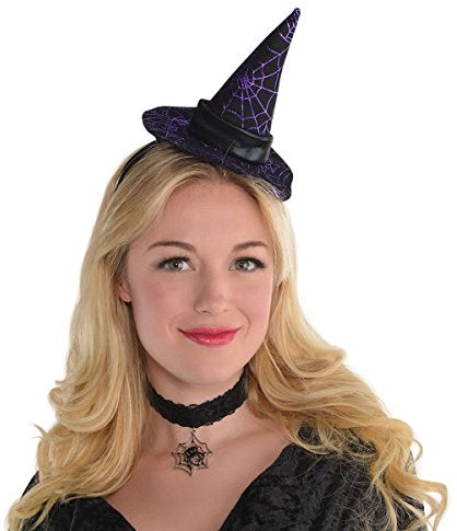Amscan 846166-55 - Haarreif mit Hexen-Hut, Einheitsgröße für Erwachsene, Lila-Schwarz, Minihut mit Satinband und Spinnennetz, Accessoire für Karneval und Halloween, Verkleidung, Kostüm