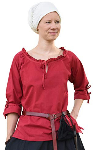 Battle-Merchant Mittelalter Bluse Birga | LARP Bluse aus Baumwolle mit 3/4 Arm | Mittelalter Kleidung für Damen (Rot/XXL)