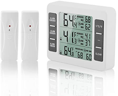 Digital Refrigerater Therometer, Wireless Digital Audible Alarm Fridge Freezer Thermometer with 2PCS Sensor Min/Max Display.