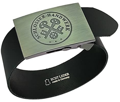 GravurManufakturBerlin Hosengürtel Schlosser Handwerk Zunftzeichen Ledergürtel 4 cm breit Einheitslänge kürzbar