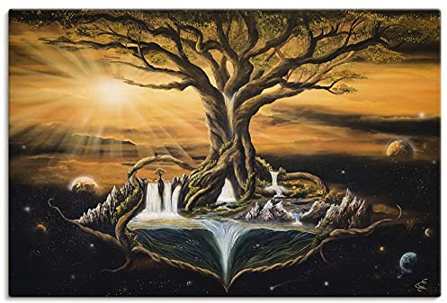 ARTLAND Wanddeko Leinwand Bilder Wandbild 60x40 cm Fantasy Landschaft Lebensbaum Natur Sonnenuntergang Gemälde U2NR