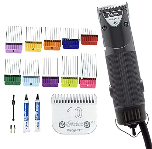 Oster Golden A5 Animal Pet 2-Gang-Haarschneidemaschine mit abnehmbarer CryogenX Klinge Größe 10, 10-teiliges Edelstahl-Führungskamm-Set (078936-100-000)