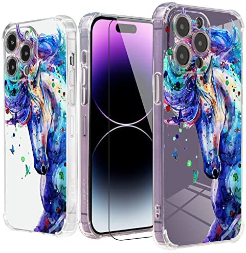 Roemary Purple Case for iPhone 7/8/SE 2020 with Blue Horse Design,Watercolor Pattern with Screen Protector [Buffertech 6.6 ft Drop Impact] Soft TPU Protective Case for iPhone 7/8/SE 2020