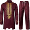 LucMatton Afrikanisches Herren-Outfit, 2-teiliges Set, Langarm-Dashiki mit Gold-Print und Hose, traditioneller Anzug, Burgunderrot, XXL