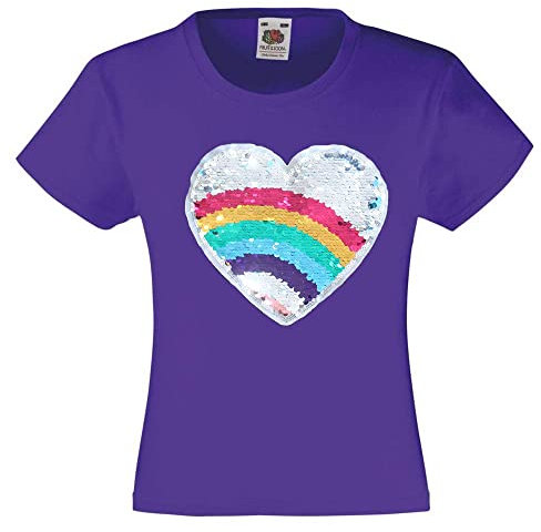 Maglietta da ragazza con paillettes multicolore a forma di cuore, Viola, 5-6 Anni