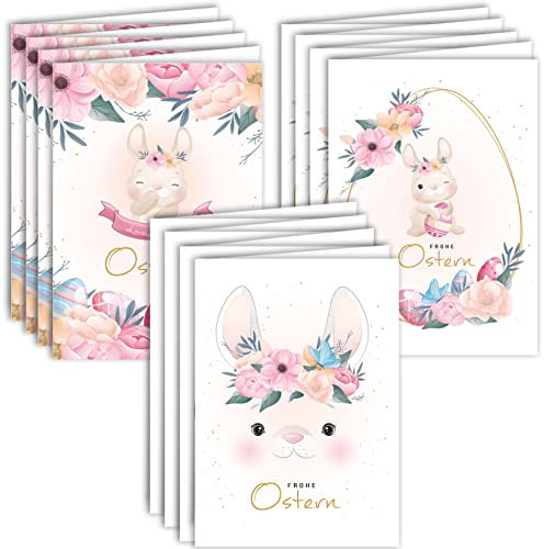 Osterkarten mit Umschlag Set 12 Stück aufklappbar Frohe Ostern Grußkarten in A6 Klappkarten zarte Pastelltöne Hasen Blumen Happy Easter Oster Karten Kartenset Umschlag hochwertig geschäftlich