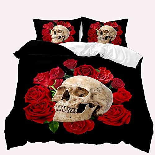 TULTOAP Bed Linen 135 x 200 cm 3D Print Flowers and Skull Duvet Cover Rose Skull Bed Linen Gothic Duvet Skull Motif Bedding Set with Pillowcase (Rose Skull, 200 x 200 cm)
