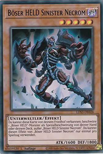 TCG LDS3-DE026 - Böser HELD Sinister Necrom - Ultra Rare - Deutsch - 1. Auflage - im Set mit Ultrapro Toploader - Yugioh Trading Card Game Card