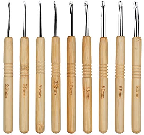 Coopay 9 Stück Häkelnadeln Set, Ergonomische Häkelnadel mit Rutschfest Bambus Griff und Glatt Aluminium Hakenkopf, 2,0mm - 6,0 mm Leichte Lang Häkelnadeln für Arthritische Hände, Anfänger & Kinder