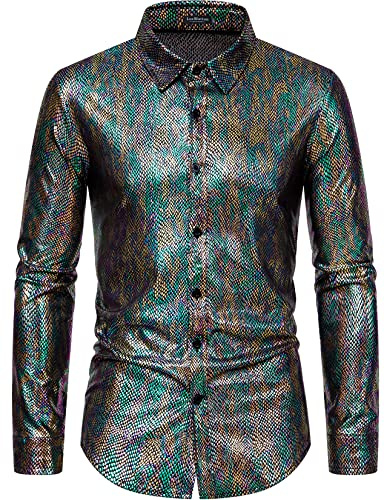 LucMatton Men's Shiny Metallic 70s Disco Costume Long Sleeve Button up Shirts for Halloween Cosplay Club Rock Hip Hop Party Multicolor Large