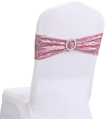Highdi 10/20/30/50 PCS Paillettes Noeuds de Chaise Mariage Elastique Pas Besoin d'être Lié Décoration de Ceremonie Fête pour Noeud de Chaise en Lycra 15x35CM (Rose,20PCS)
