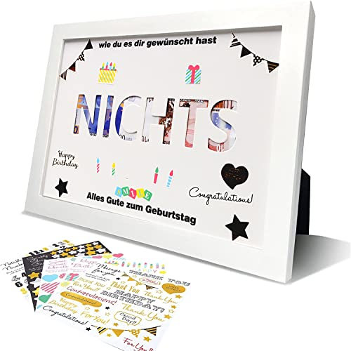 DMHSGIFT Geldgeschenke Geburtstag Nichts Geschenk für Alle Die Sich Nix DIY Aufkleber Geld Geschenke im Bilderrahmen Geldgeschenke Verpackung Geburtstagsgeschenk für Männer und Frauen