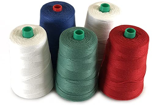 PAMPOLS Pack de 5 Bobinas de Hilo Grueso de Poliéster para Máquina Cosedora de Sacos | Cuerda de Alta Resistencia | 5 Conos de 200 gramos cada uno | COLORES: 2 Blanco, 1 Rojo, 1 Verde y 1 Azul