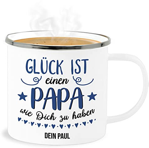 Emaille Becher Blechbecher - zum - Glück ist einen Papa wie Dich zu haben I Papa Geschenk Vatertag - 300 ml - Weiß Silber - tasse vatertagsgeschenk vater es tassen für vatertagsgeschenke als