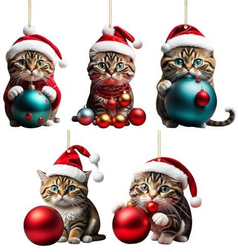 Vordpe 5 Ciondoli per Albero di Natale e Gatti in Acrilico 2D - Divertenti Decorazioni Natalizie, Regalo (A)
