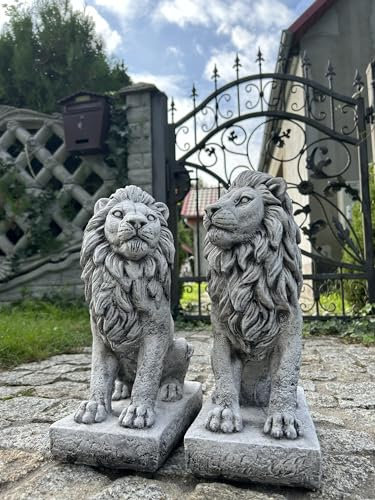 FABRIQ Set de 2 Statues de Lions Majestueux, Décoration de Jardin en Pierre Artificielle, Résistants aux Intempéries, 36 cm de Hauteur, Poids 22 kg, Idéal pour Entrées et Terrasses