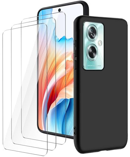 LYZXMY case for Oppo A79 5G(6.72) Black mobile phone case + 3 pieces tempered glass protective film, case soft silicone TPU protective cover 9H hardness HD tempered glass film glass